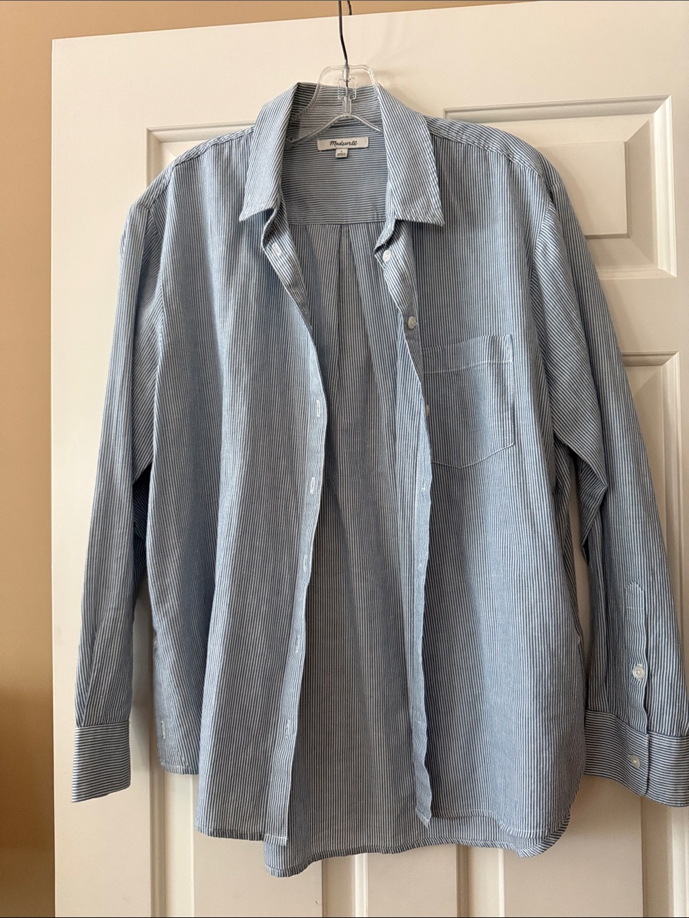 Madewell Light Blue Pinstripe Shirt with side buttons size Large